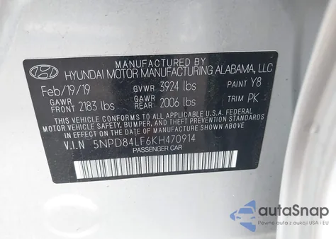 2019 Hyundai Elantra Value Edition z USA, uszkodzony, nr VIN 5NPD84LF6KH470914